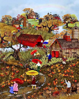 Folk art painting of an autumn village with pumpkin patches, colorful umbrellas, barns, and fall trees