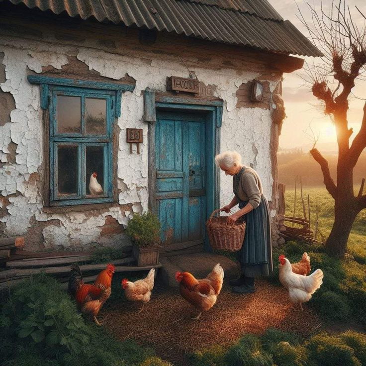Elderly woman feeding chickens outside an old cottage at sunset