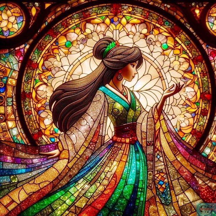 Stained glass art showing princess with long dark hair in multicolored dress against decorative glass background