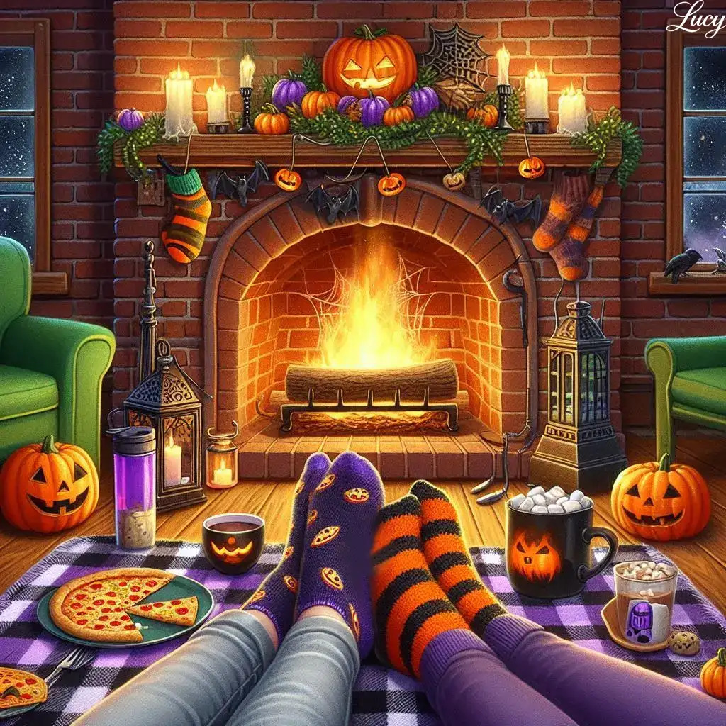 Feet in colorful socks resting by a fireplace with jack-o-lanterns, fall decorations, pizza and drinks