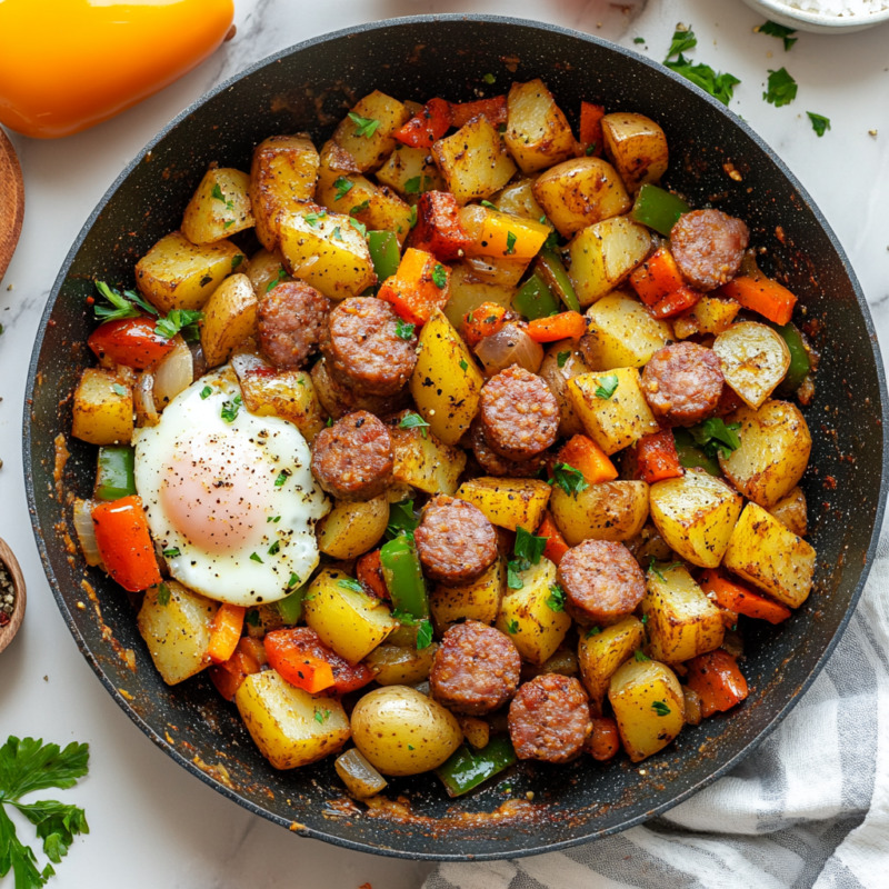 Skillet breakfast hash with potatoes, sausage, peppers and fried egg