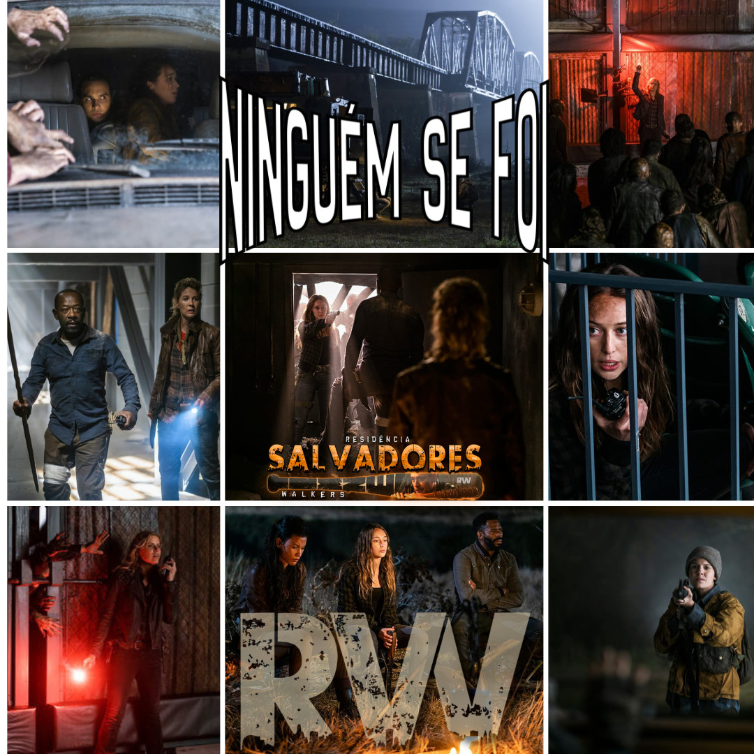 Collage of dark TV drama scenes with characters, text panels, and red and blue lighting