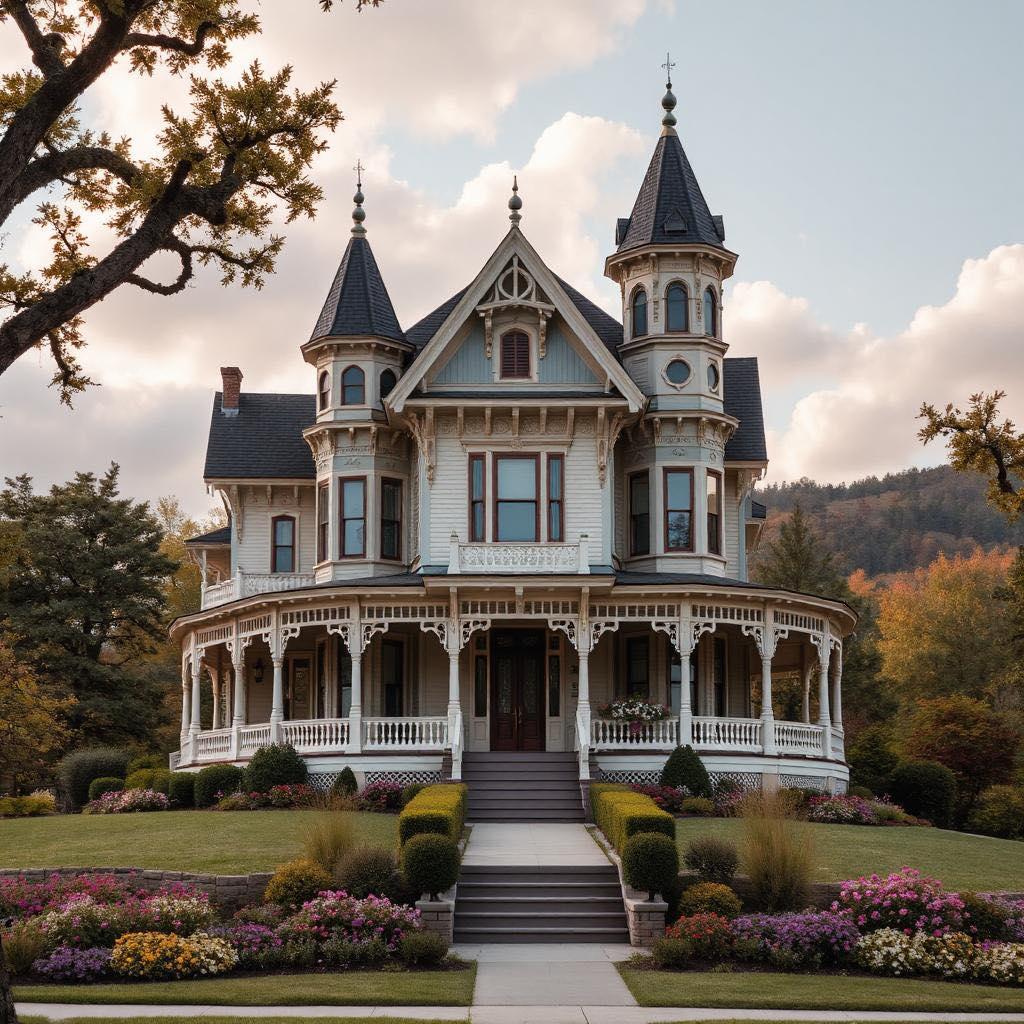 Ornate Victorian mansion with towers, wraparound porch, and flower beds in front