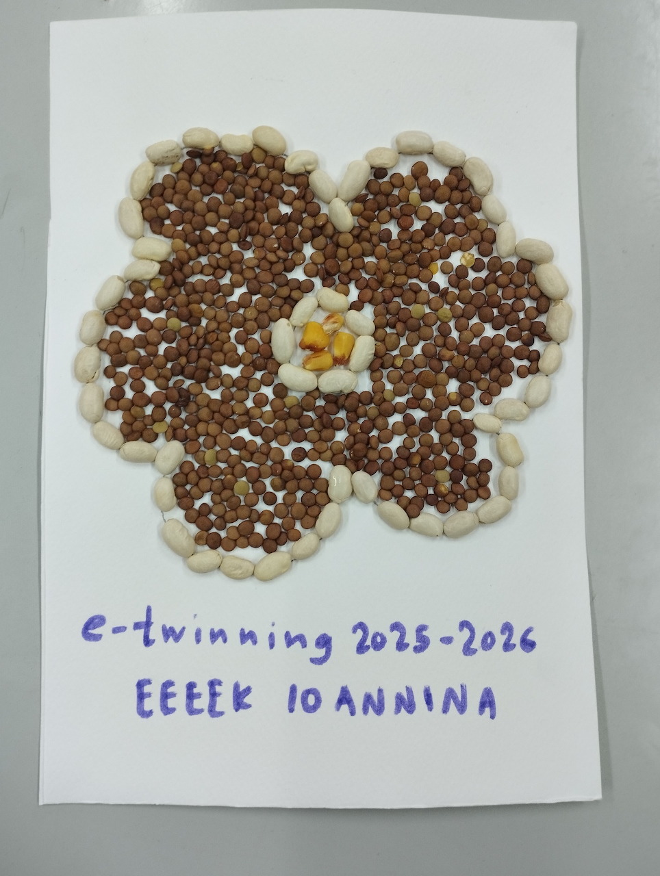 Flower shape created with brown and white beans on white paper with handwritten text below