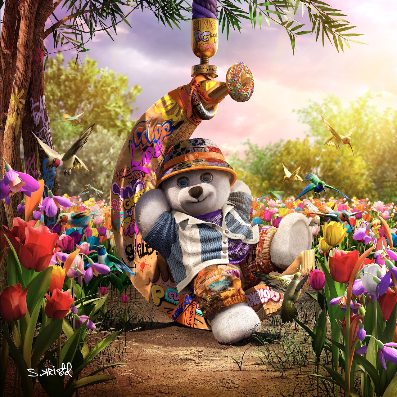 Illustrated teddy bear in colorful clothes sitting among vivid flowers in a sunny garden