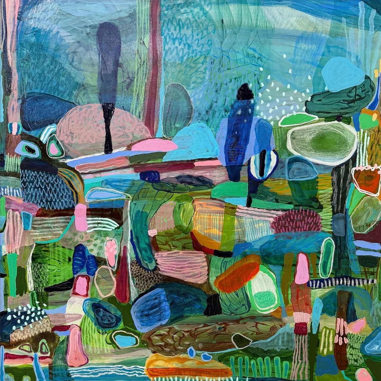 Abstract painting with colorful geometric shapes and organic forms in blues, greens, and varied textures