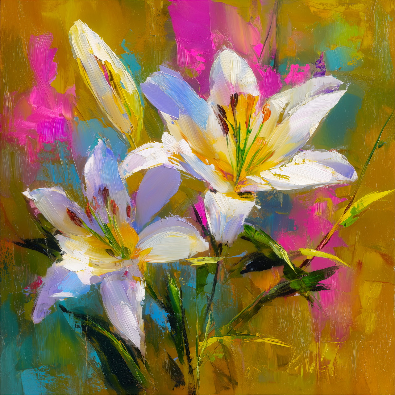 Oil painting of two white lilies against a colorful abstract background with pink, yellow, and teal brushstrokes