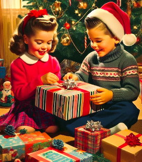 Two children in Santa hats opening Christmas presents by a decorated tree