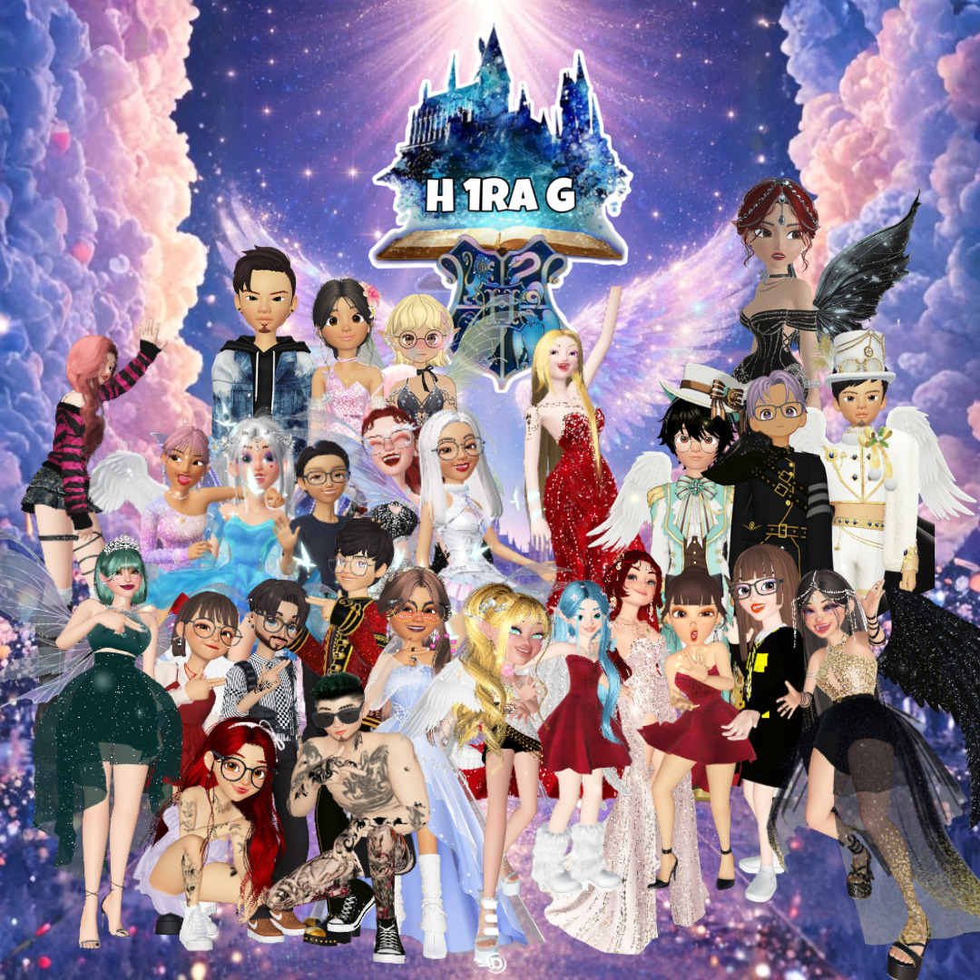 Large group of diverse anime characters standing together with fantasy castle and dramatic sky background