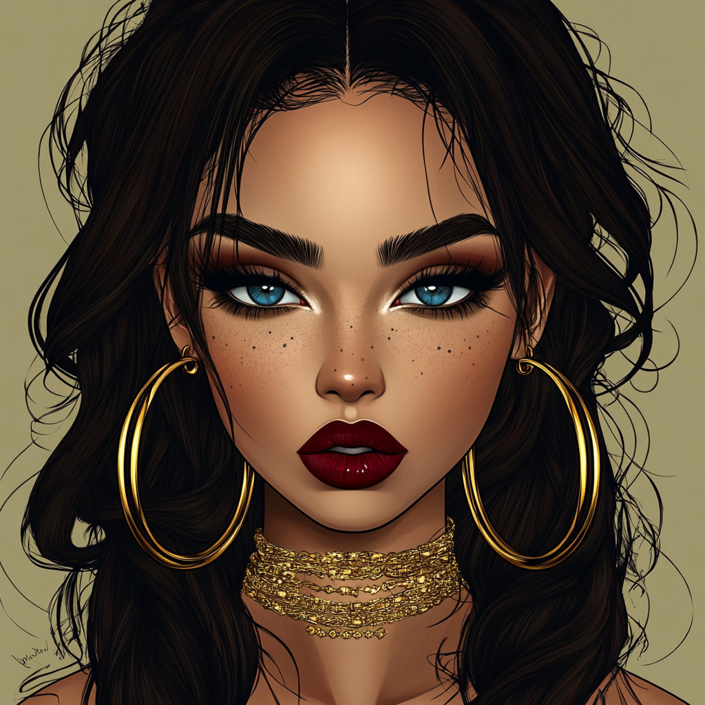 Illustrated portrait of woman with dark hair, bold makeup, and gold hoop earrings