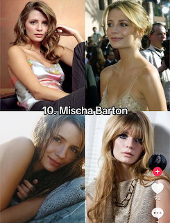 Collage of four photos of actress Mischa Barton in various poses and settings