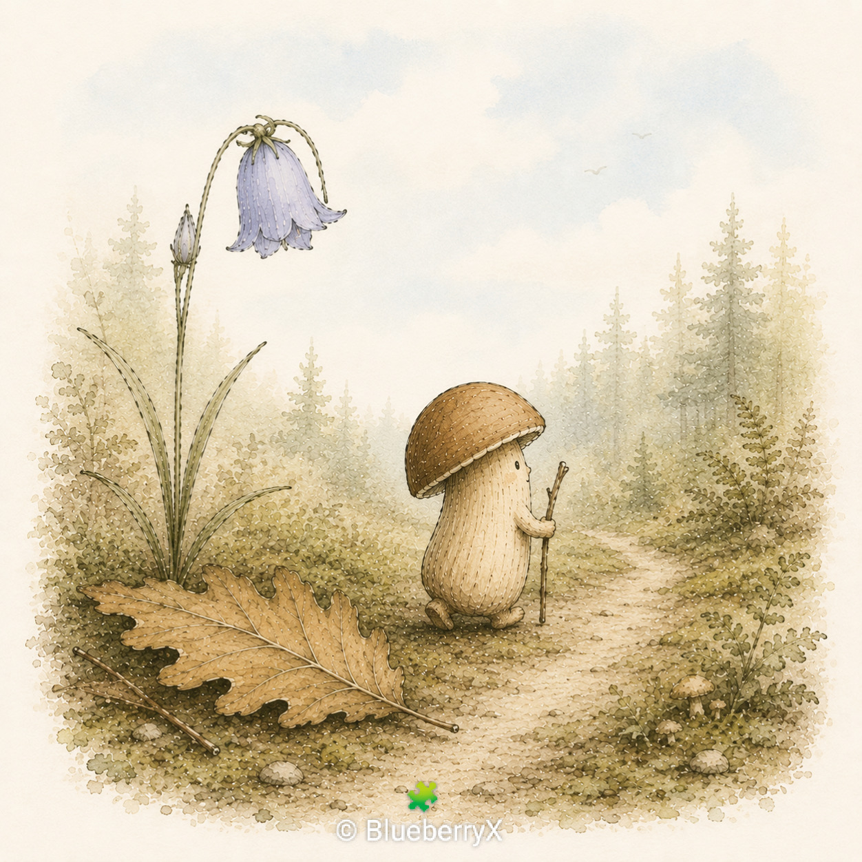 Watercolor illustration of a cute mushroom character walking on a forest path near a bluebell and oak leaf