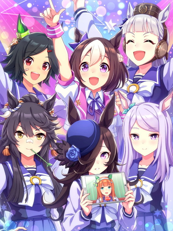 Seven anime girls in blue school uniforms smiling and celebrating together in a cheerful group portrait