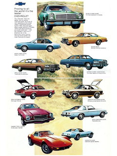 1976 Chevrolet car lineup advertisement showing various models including Corvette, Camaro, and sedans