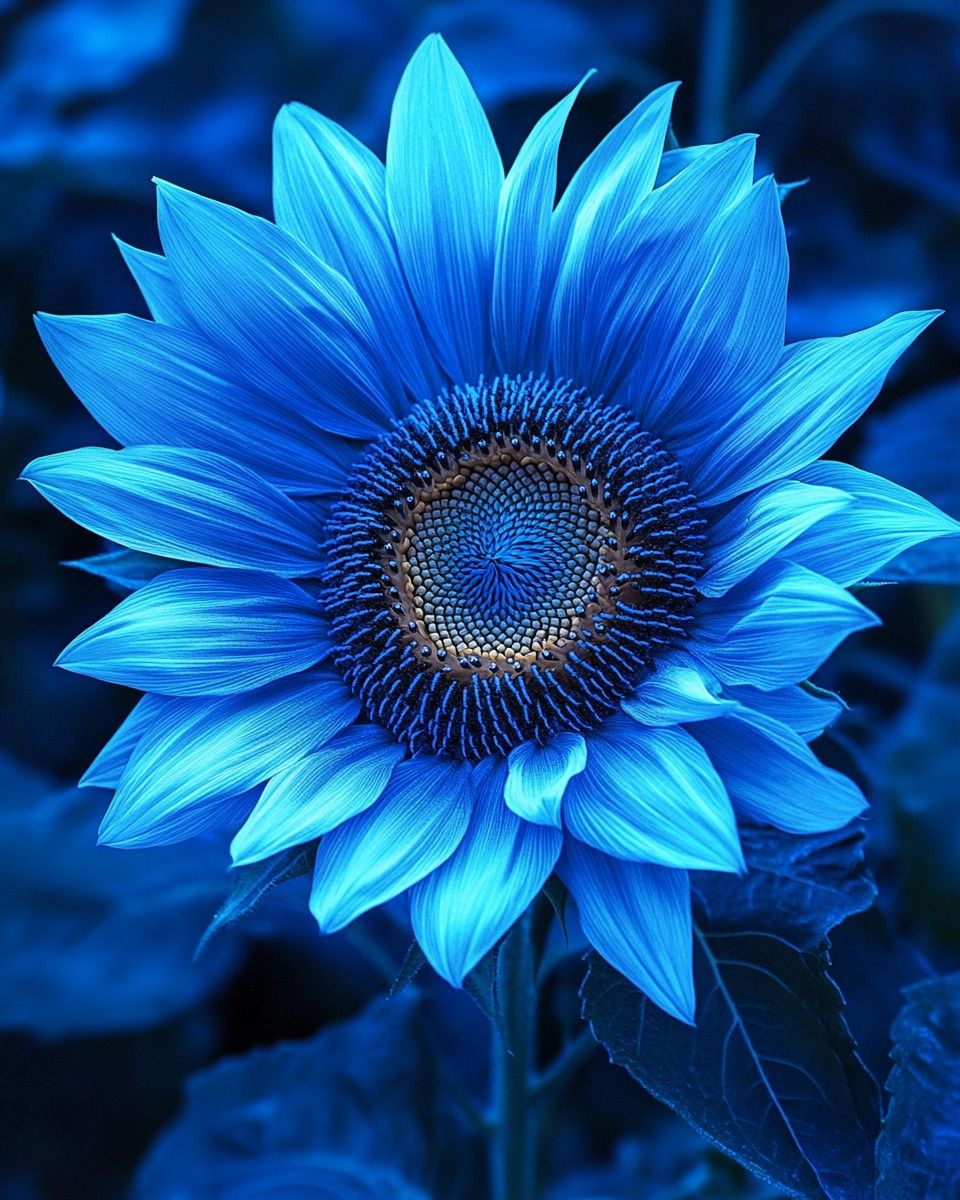 Close-up of a luminous blue sunflower with radiating petals and intricate dark center on blurred background