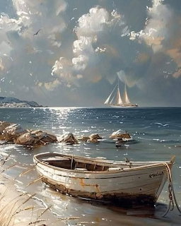 Painting of an old white rowboat on a beach with a sailboat on the horizon under dramatic clouds