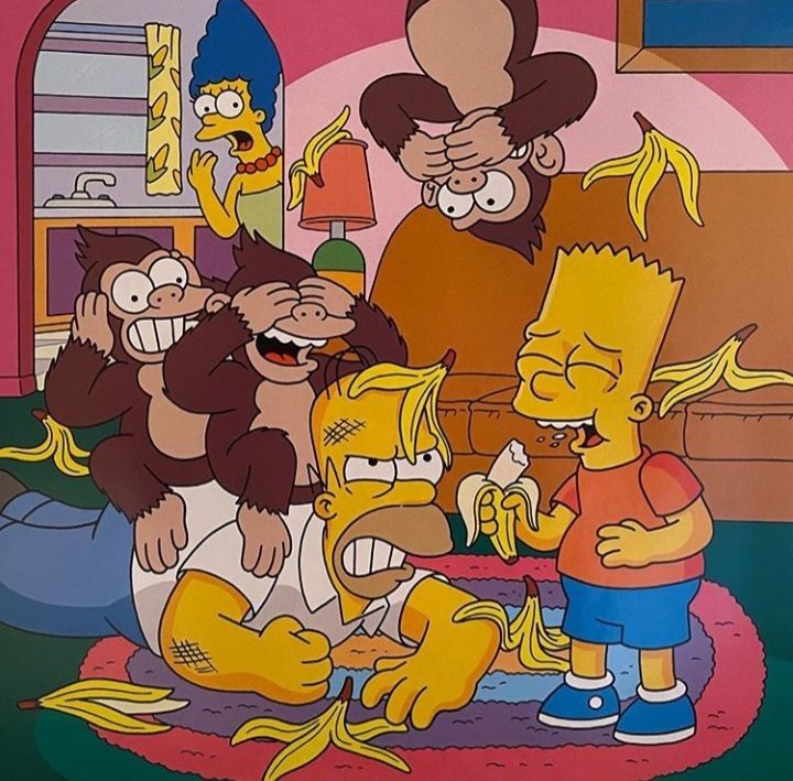 The Simpsons cartoon family sitting together on their couch in their living room
