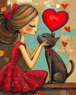 Illustration of a girl in a red dress kissing a black cat with red heart balloons
