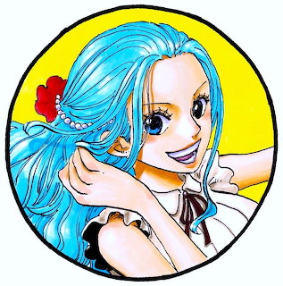 Anime character with long blue hair smiling cheerfully on yellow background
