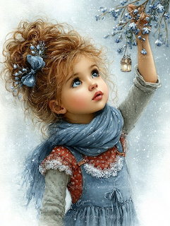 Illustrated young girl in blue dress reaching up toward snow-covered berries and a tiny lantern