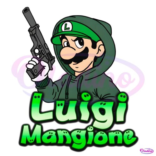 Cartoon Luigi in a dark hoodie holding a revolver above green Luigi Mangione text