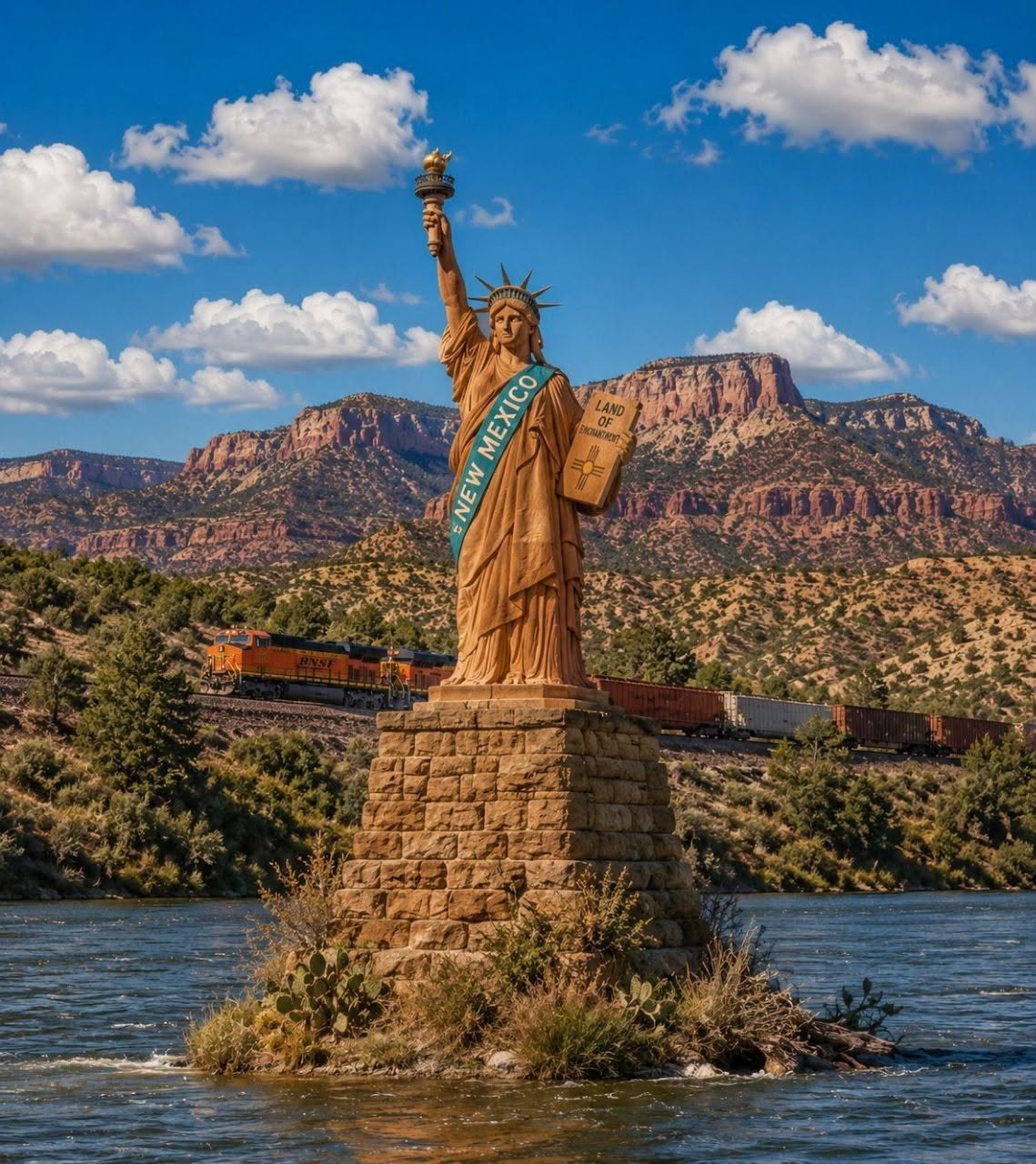 Statue of Liberty replica on rocky island in lake with mountains behind