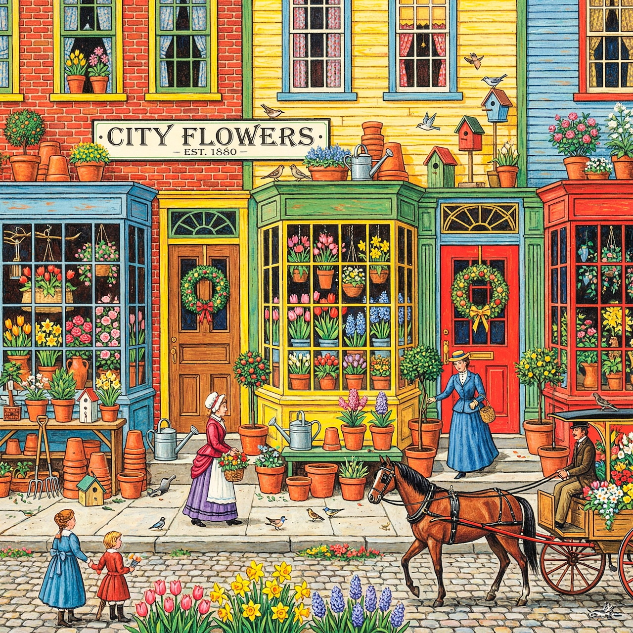 Victorian flower shop with colorful storefronts, horse carriage, and people in historical dress on cobblestone street