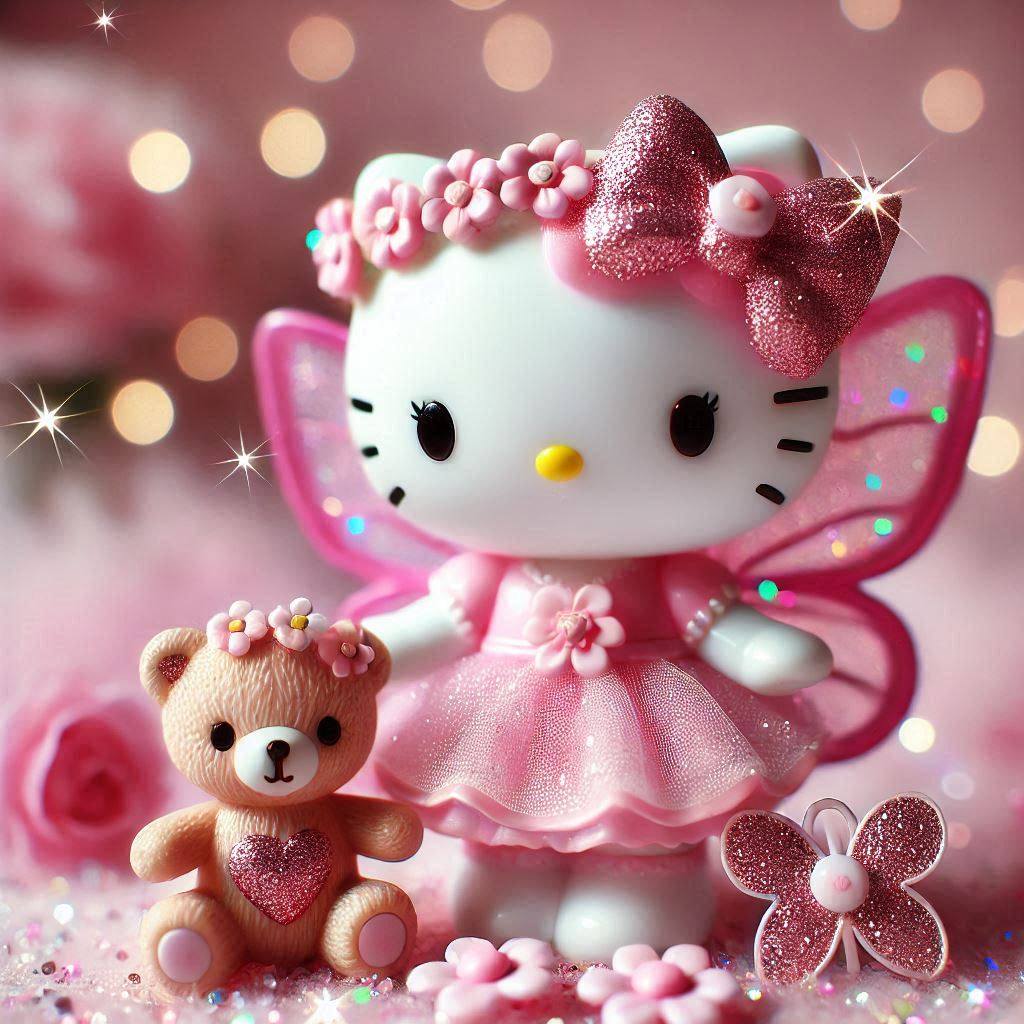 Hello Kitty fairy figurine in pink dress with glitter wings next to a small teddy bear