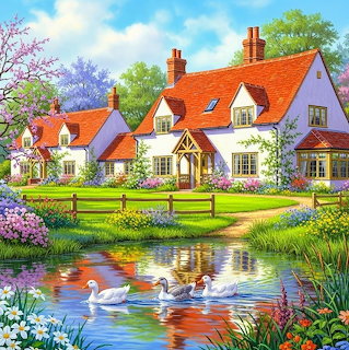 Village Pond with Cottages