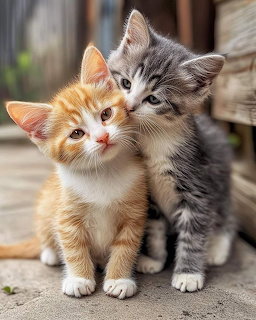 Two fluffy kittens, orange and gray tabby, sitting side by side outdoors