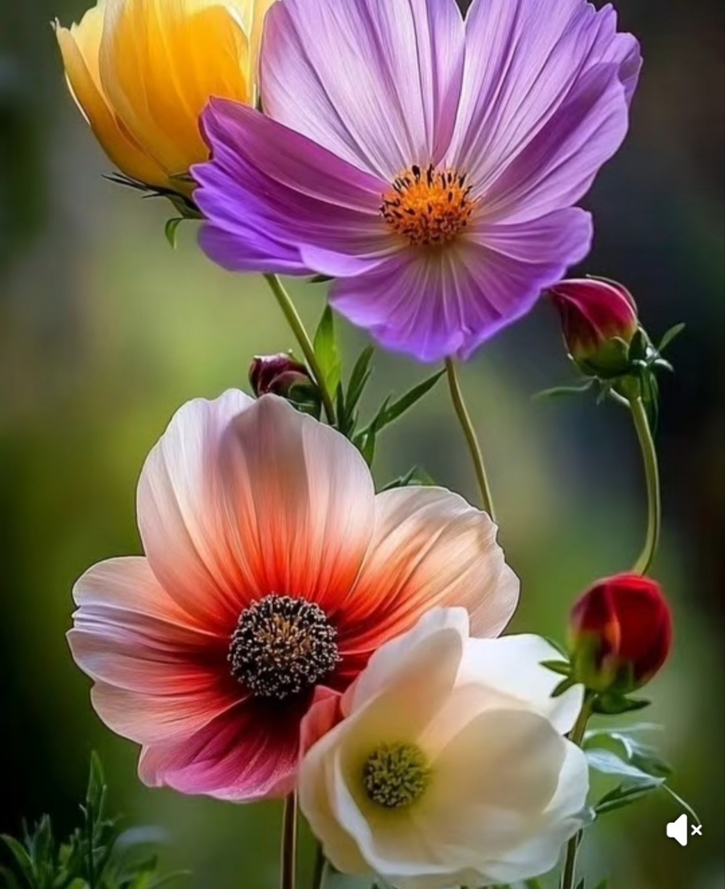 Colorful cosmos flowers in purple, pink, white, and yellow with buds against a blurred green background