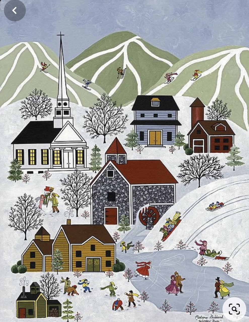 Folk art painting of a snowy winter village with farmhouses, barns and trees