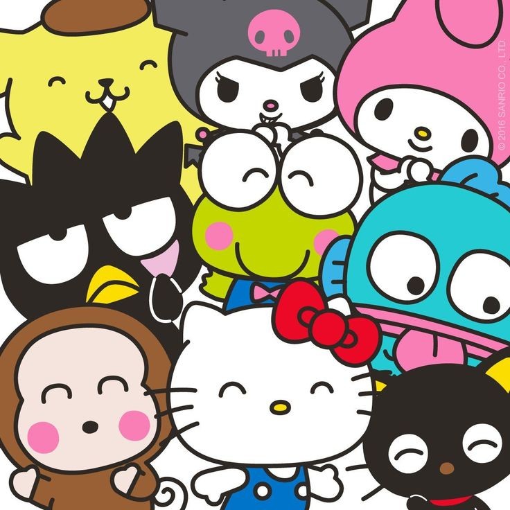 Hello Kitty and Sanrio characters grouped together in bright colors