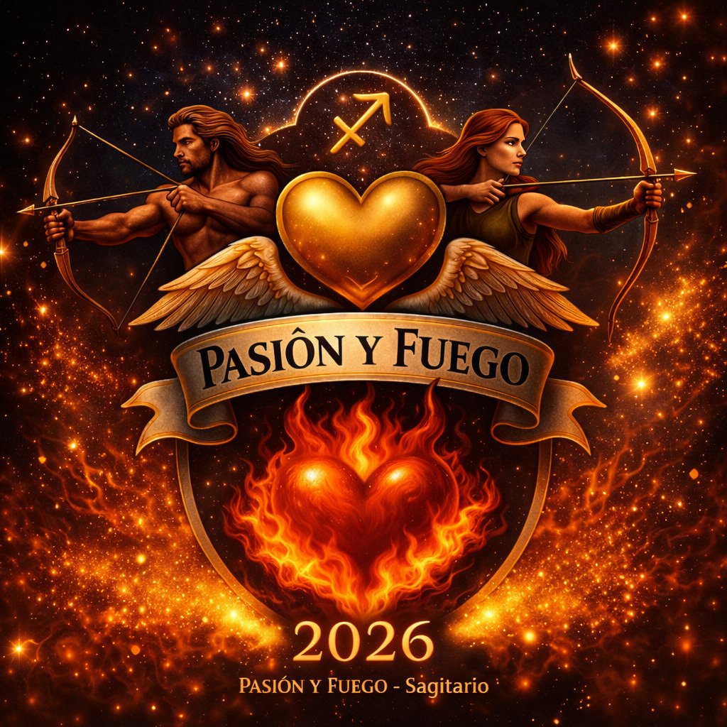 Fiery Sagittarius emblem with two archers, a winged heart, flames, and Pasión y Fuego 2026 text