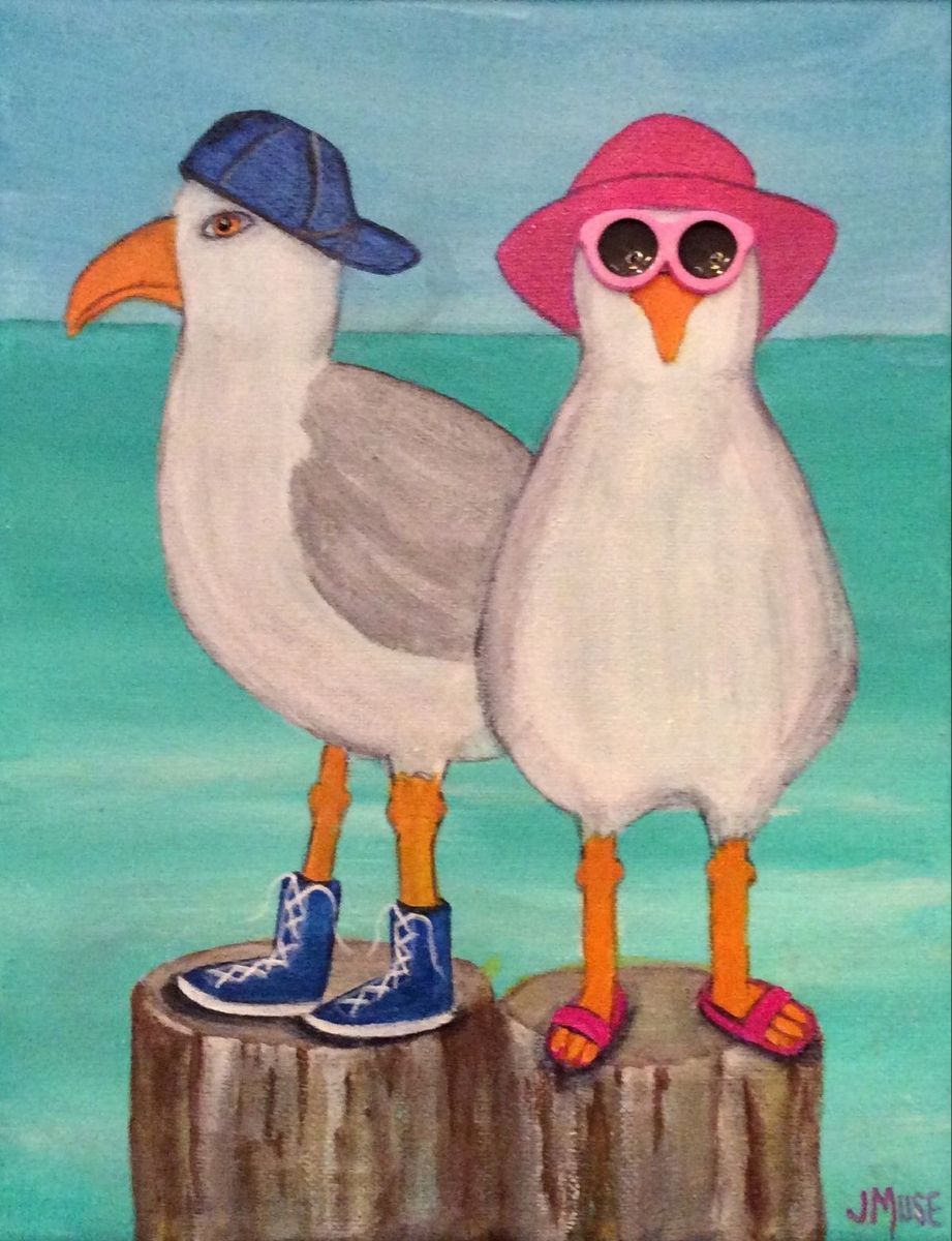Painting of two seagulls on wooden posts wearing hats, sunglasses, and shoes near the ocean