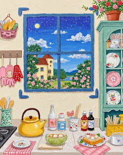 Illustrated kitchen with blue window showing countryside, yellow kettle on stovetop, and shelves with dishes