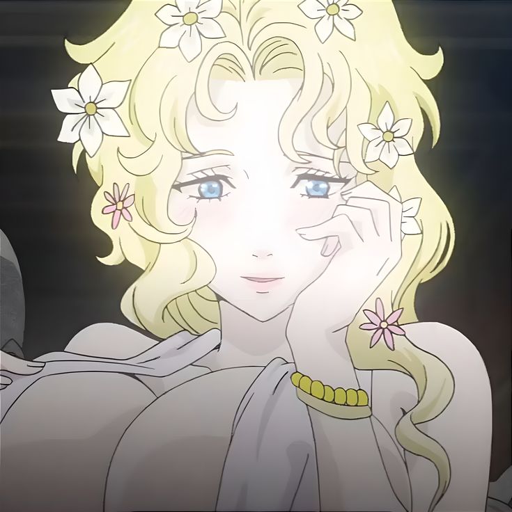 Anime girl with blonde hair, blue eyes, white flowers in hair, and gold necklace on dark background