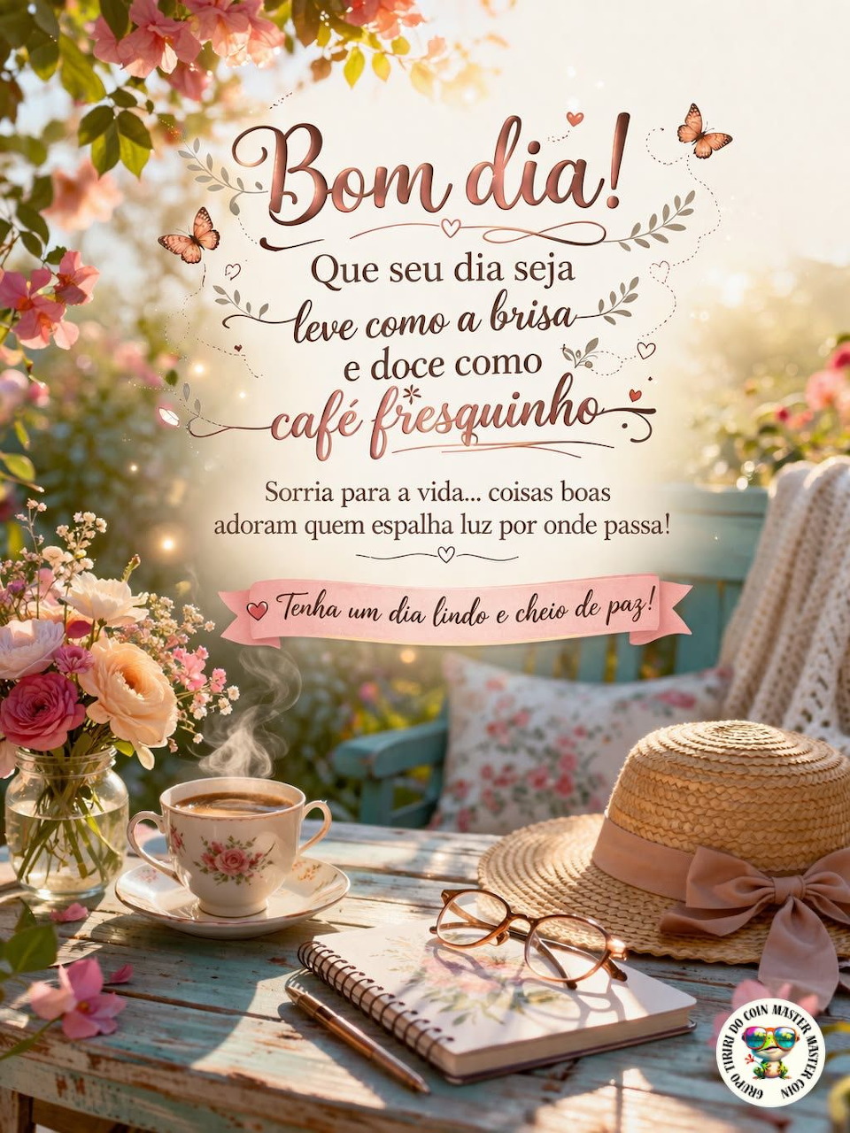 Outdoor table with coffee cup, straw hat, glasses, notebook and pink flowers with Bom dia text overlay