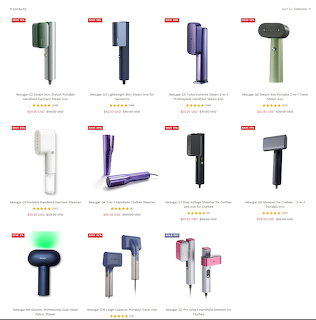 Grid of handheld clothes steamers in various colors on a white background