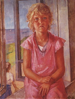 Painting of a curly-haired blonde girl in a pink dress standing near an open window with sea view