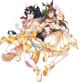 Two anime horse girls in white and gold outfits posing together on a plain background