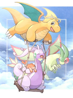 Three stacked Pokemon dragons in yellow, purple, and green colors flying against blue sky with clouds