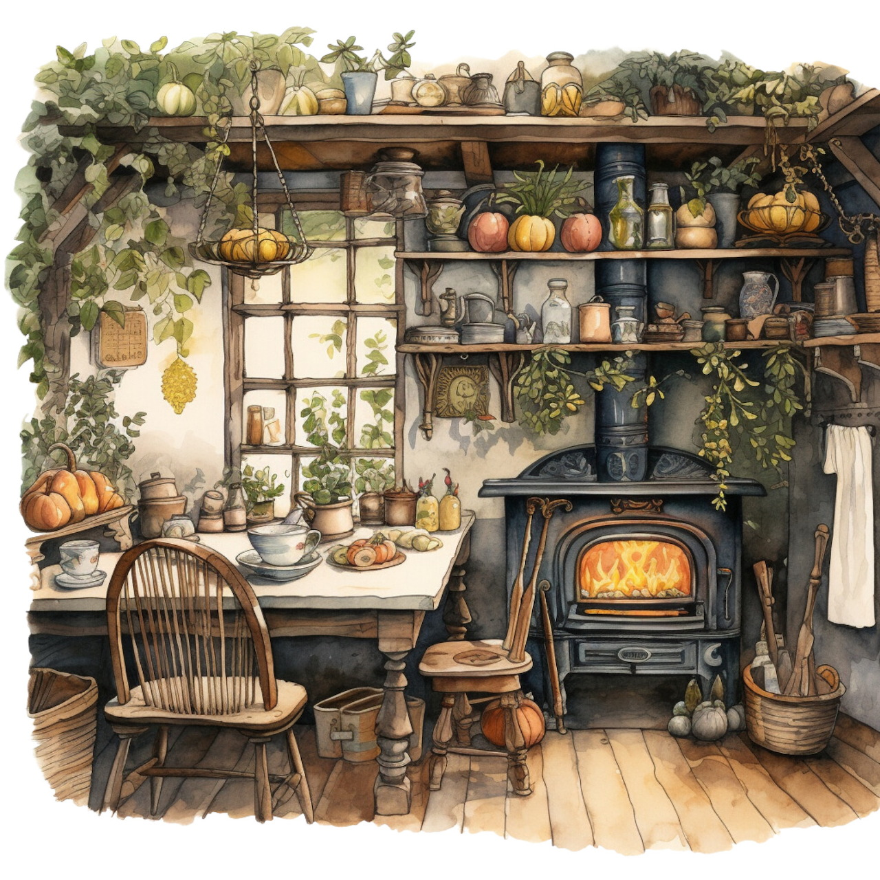 Watercolor illustration of a cozy rustic kitchen with cast iron stove, pumpkins, shelves, and hanging greenery