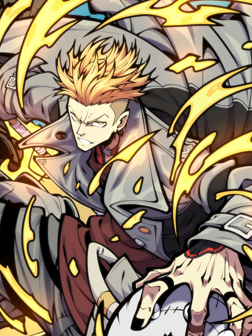 Anime character Enjin from Gachiakuta surrounded by golden fire energy in intense battle pose