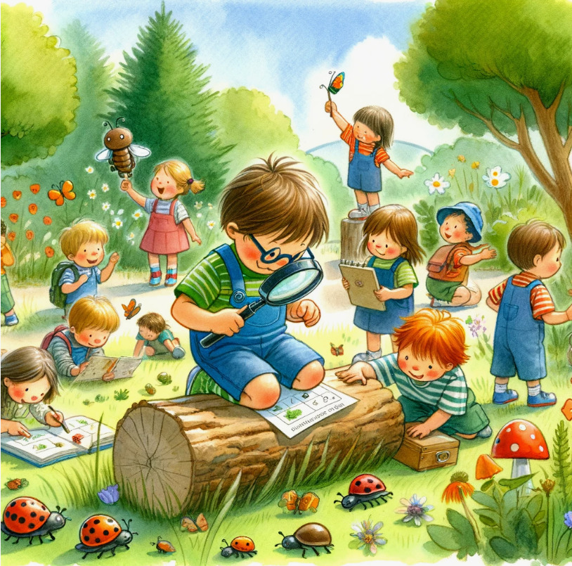 Illustration of children outdoors examining bugs, flowers, and plants in a green garden