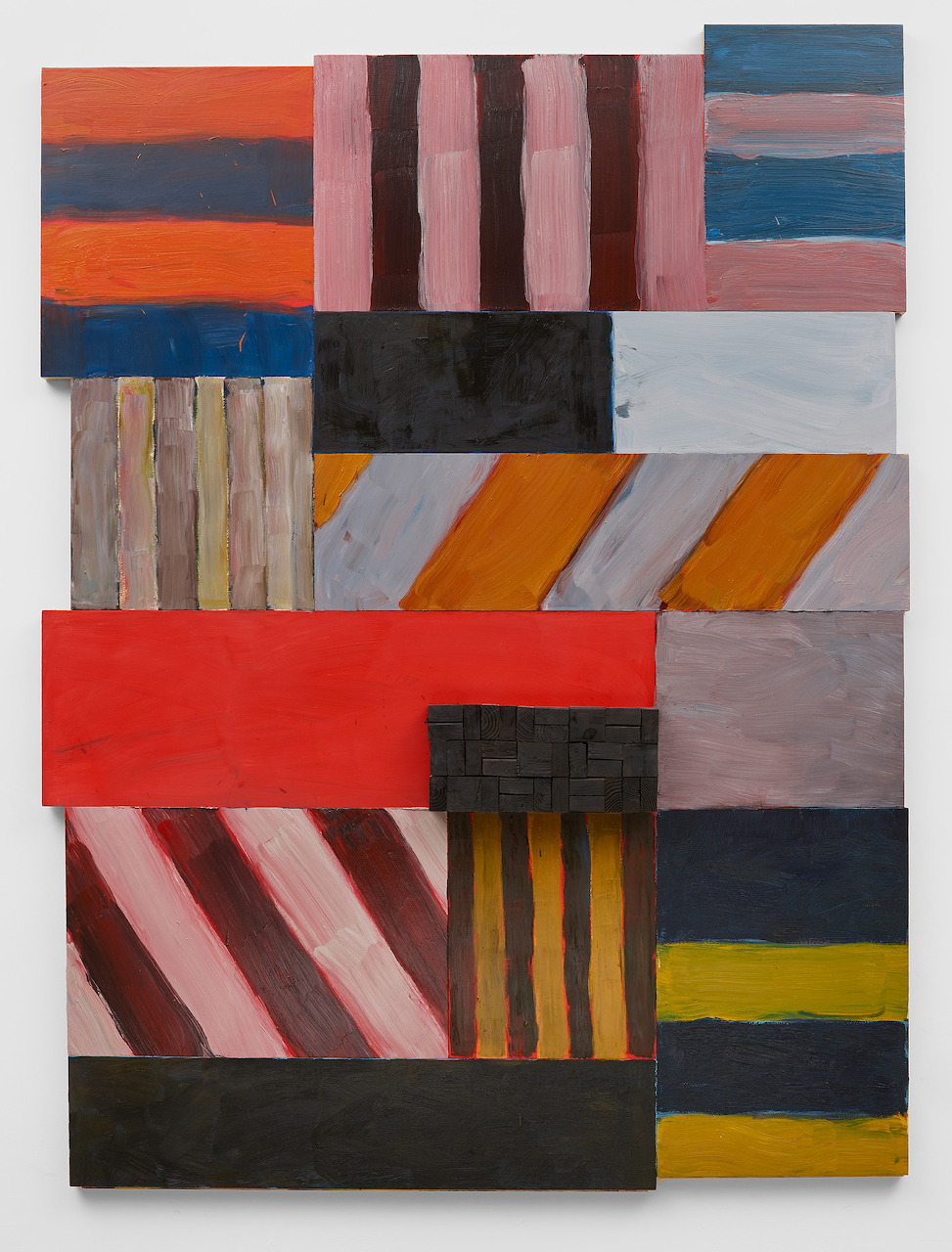 Abstract geometric painting made of stacked striped rectangular blocks in red, blue, pink, black, and yellow