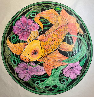 Circular coloring page with orange koi fish, purple flowers, and green lily pads in mandala design