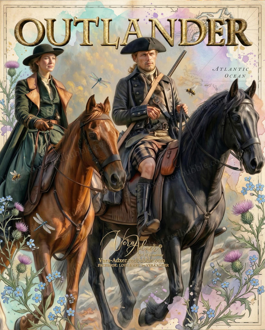 Outlander series characters in period costume with Scottish Highlands background