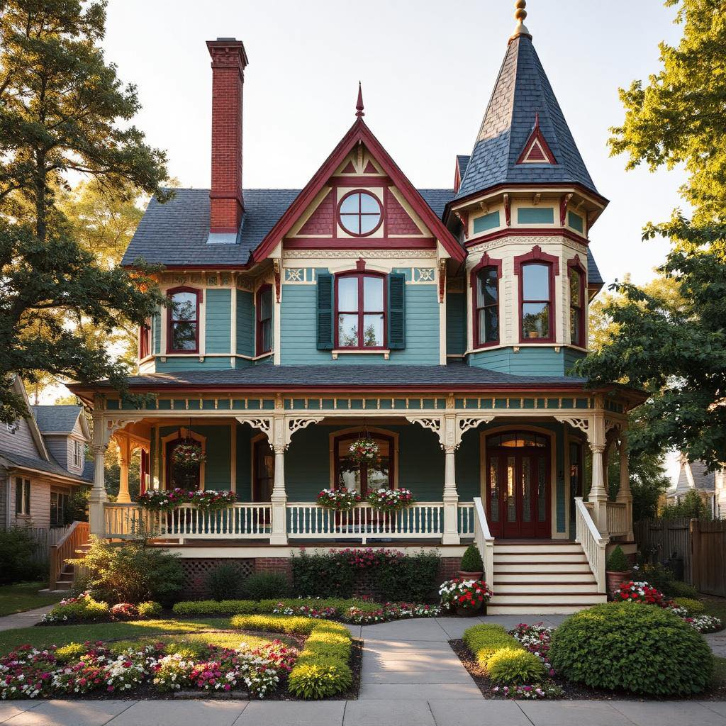 Colorful Victorian mansion with turret and wraparound porch in landscaped yard