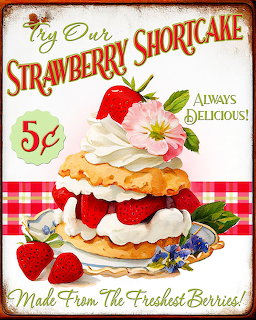 Vintage illustration poster of strawberry shortcake with whipped cream, strawberries, flowers, and retro text